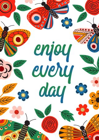 poster with butterflies and flowers - vector illustrationのイラスト素材