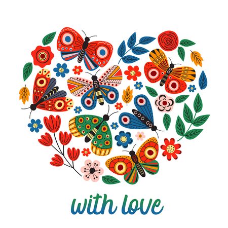 poster with heart of flowers and flowers - vector illustrationのイラスト素材