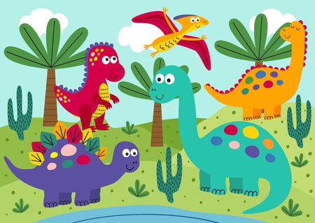 cute dinosaurs with landscape background - vector illustration,のイラスト素材