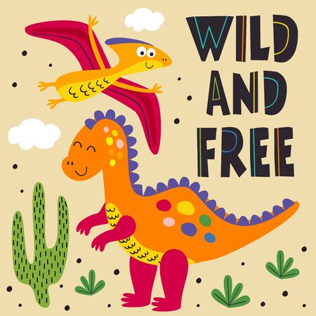 poster with wild and free dinosaurs - vector illustration,のイラスト素材