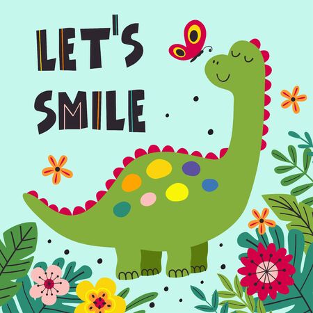 poster with smiling dinosaur - vector illustration,のイラスト素材