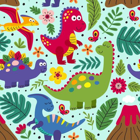 seamless pattern with cute dinosaurs - vector illustration,のイラスト素材