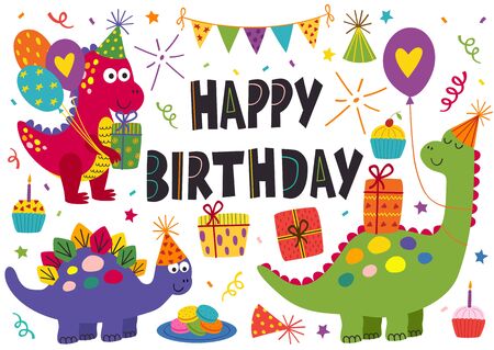 set of isolated cute dinosaurs for happy birthday design - vector illustration,のイラスト素材