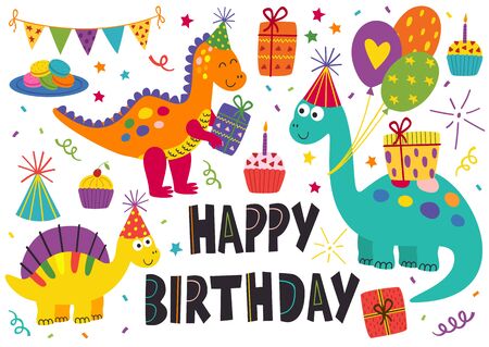 happy birthday set of isolated cute dinosaurs - vector illustration,のイラスト素材