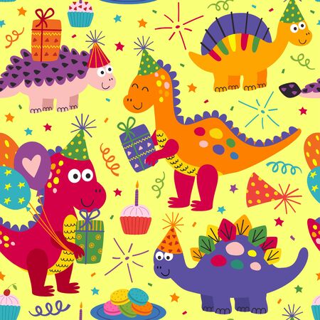 happy birthday seamless pattern with cute dinosaurs - vector illustrationのイラスト素材