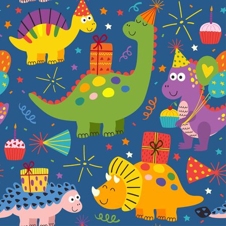 happy birthday seamless pattern with cute dinosaurs - vector illustrationのイラスト素材