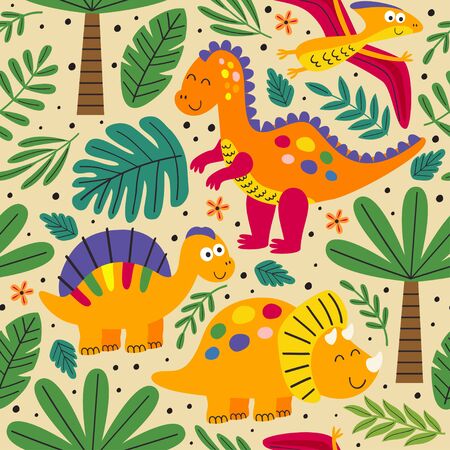 seamless pattern with wild and free dinosaurs - vector illustrationのイラスト素材