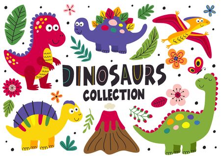 set of isolated cute dinosaurs - vector illustrationのイラスト素材