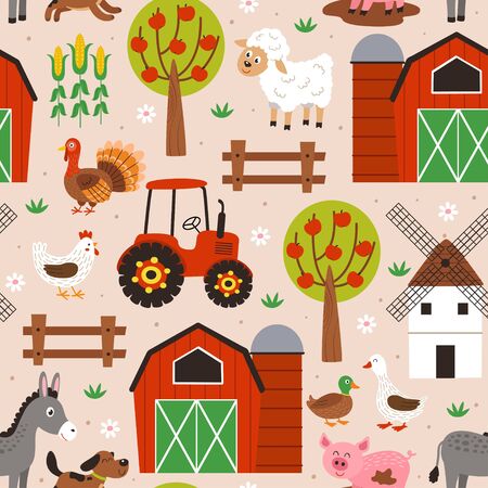 seamless pattern with happy animal farmのイラスト素材
