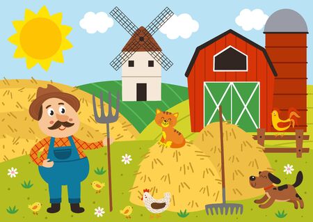farmer stands in the barnyard with pitchfork and petsのイラスト素材