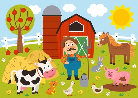 farmer and farm animals in the barnyardのイラスト素材