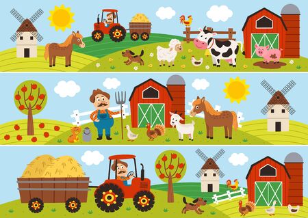 set of isolated horizontal banners with farmer and pets