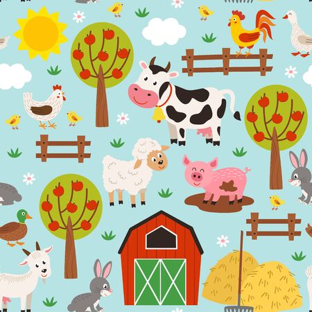 seamless pattern with pets in the barnyardのイラスト素材