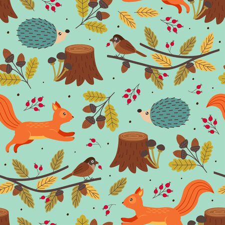 seamless autumn pattern with forest animalsのイラスト素材