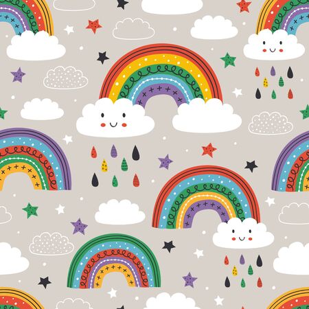 gray seamless pattern with cute rainbow, cloud, bird and sunのイラスト素材