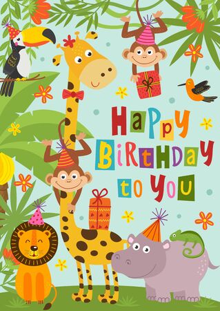 birthday card with funny jungle animalsのイラスト素材
