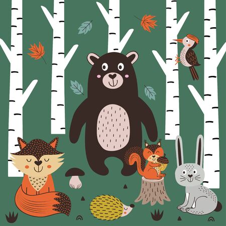 poster with animals in the forest in Scandinavian styleのイラスト素材