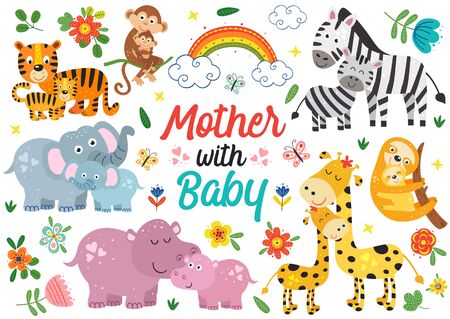 set of isolated animals mother with babyのイラスト素材