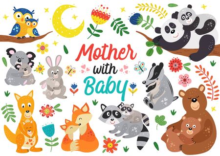 set of isolated animals mother with babyのイラスト素材
