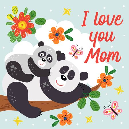 poster with cute panda mother and babyのイラスト素材
