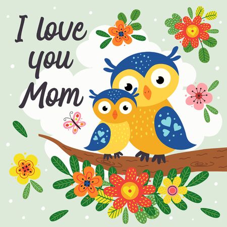 poster with cute owl mother and babyのイラスト素材