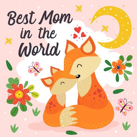 poster with cute fox mother and babyのイラスト素材