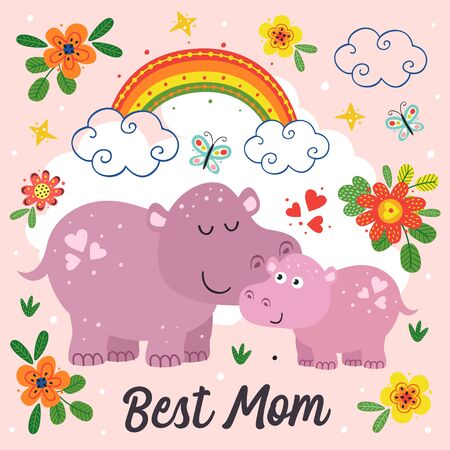 poster with cute hippo mother and babyのイラスト素材