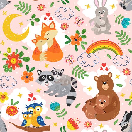 seamless pattern with cute animals mother and baby on pink backgroundのイラスト素材