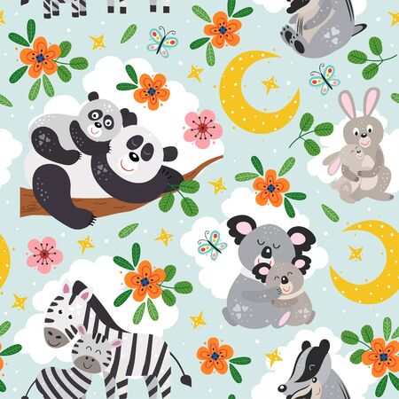 seamless pattern with cute animals mother and baby on blue backgroundのイラスト素材