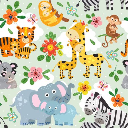 seamless pattern with cute animals mother and baby on green backgroundのイラスト素材