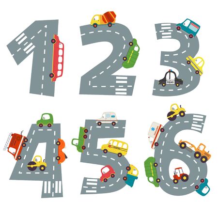 set of numbers with number of cars from 1 to 6のイラスト素材