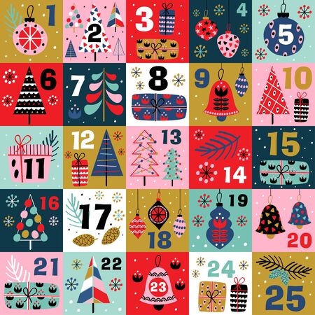advent calendar with christmas decorations and christmas trees - vector illustration, epsのイラスト素材