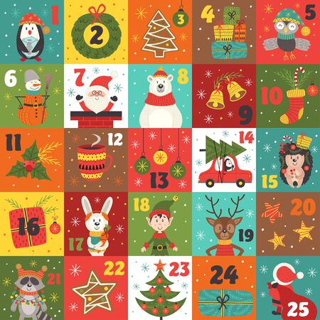 advent calendar with christmas decorations and christmas characters - vector illustration, epsのイラスト素材
