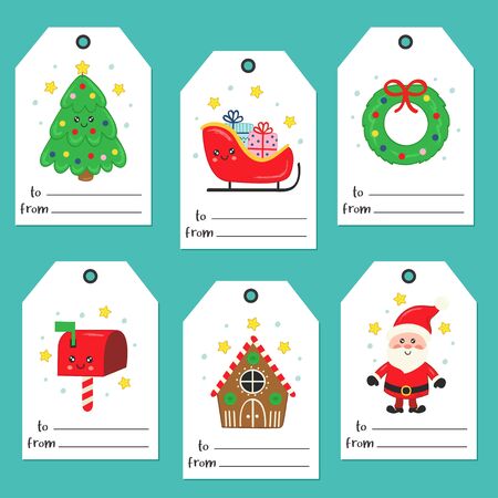 set of tags with cute Christmas characters - vector illustrationのイラスト素材