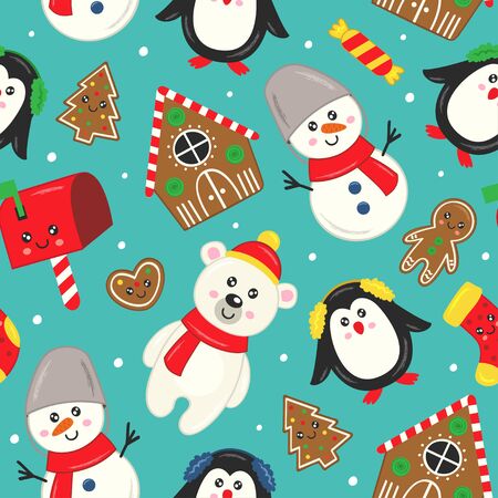 seamless pattern with cute characters and other Christmas elements - vector illustrationのイラスト素材