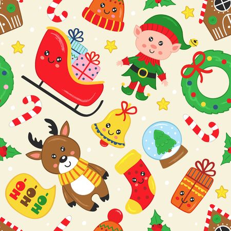 seamless pattern with Christmas fairy characters and other elements - vector illustrationのイラスト素材