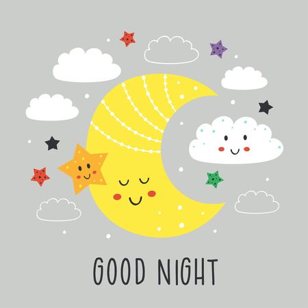 poster with cute moon, star and cloud- vector illustration,のイラスト素材