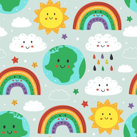 seamless pattern with cute Earth, cloud, rainbow and sun - vector illustration,のイラスト素材