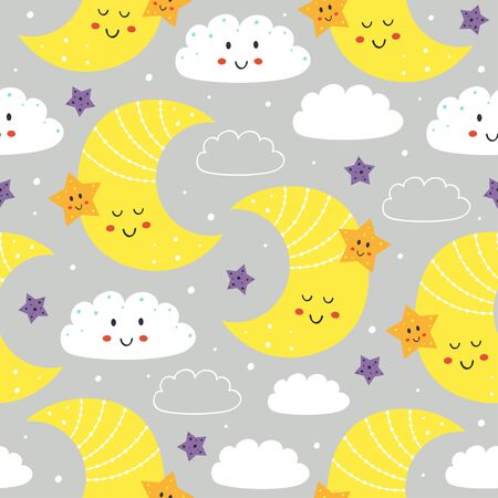 seamless pattern with cute moon, star and cloud - vector illustration,のイラスト素材