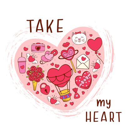 greeting card with love icons inside an isolated heart- vector illustration, epsのイラスト素材