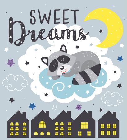 poster with a sleeping raccoon - vector illustration, epsのイラスト素材