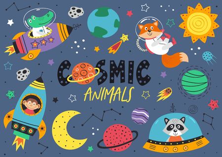 set of space animals. Crocodile, monkey, raccoon, fox in space - vector illustration, epsのイラスト素材