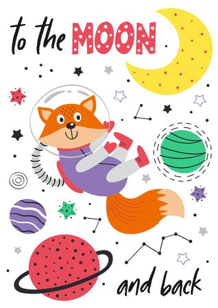 poster with fox in space on white background - vector illustration, epsのイラスト素材