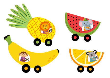 set of isolated fruit transport animalsのイラスト素材