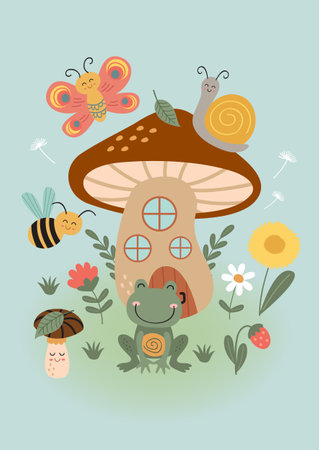 fairy poster with mushroom house, insect, frogのイラスト素材