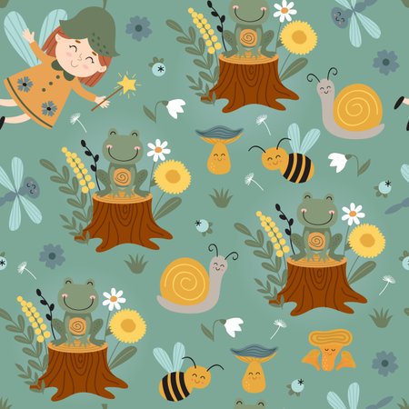 seamless pattern with fairy, frog, insectのイラスト素材