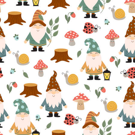 seamless pattern with gnome, mushrooms, insectのイラスト素材