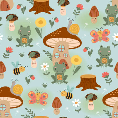 seamless pattern with mushroom house, insect, frogのイラスト素材