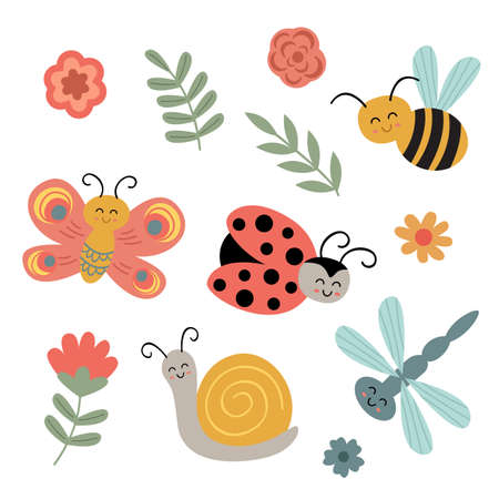 set of isolated cute insects and flowersのイラスト素材