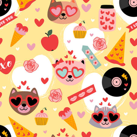 valentine seamless pattern with cats and love elementsのイラスト素材